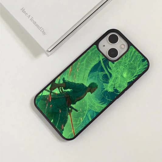 Phone case featuring Roronoa Zoro from One Piece mid-attack with a glowing green dragon aura in the background.